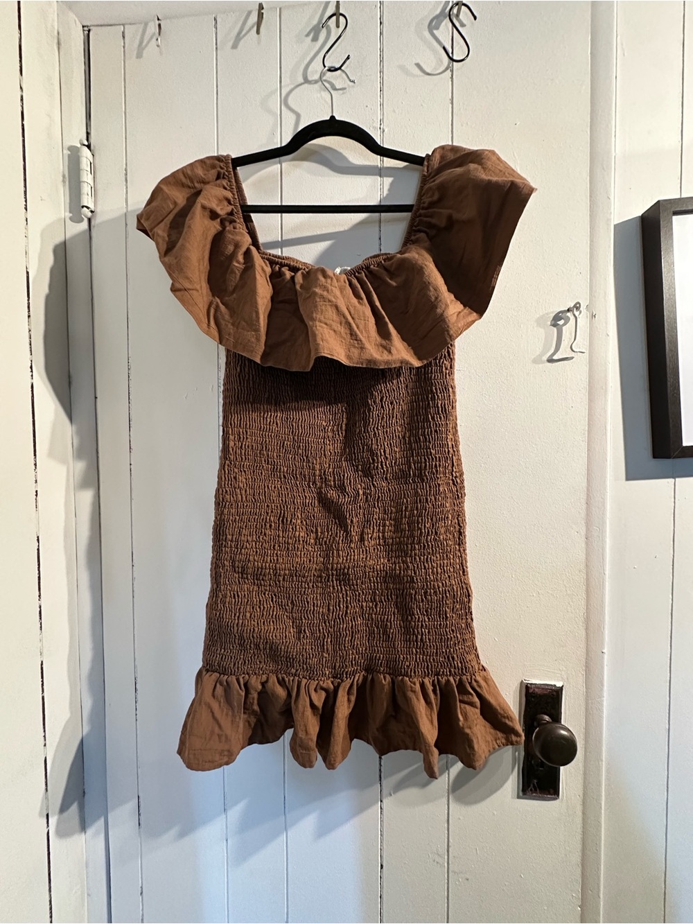 ANTHROPOLOGIE Smocked Ruffle Off-Shoulder Dress in Brown Large